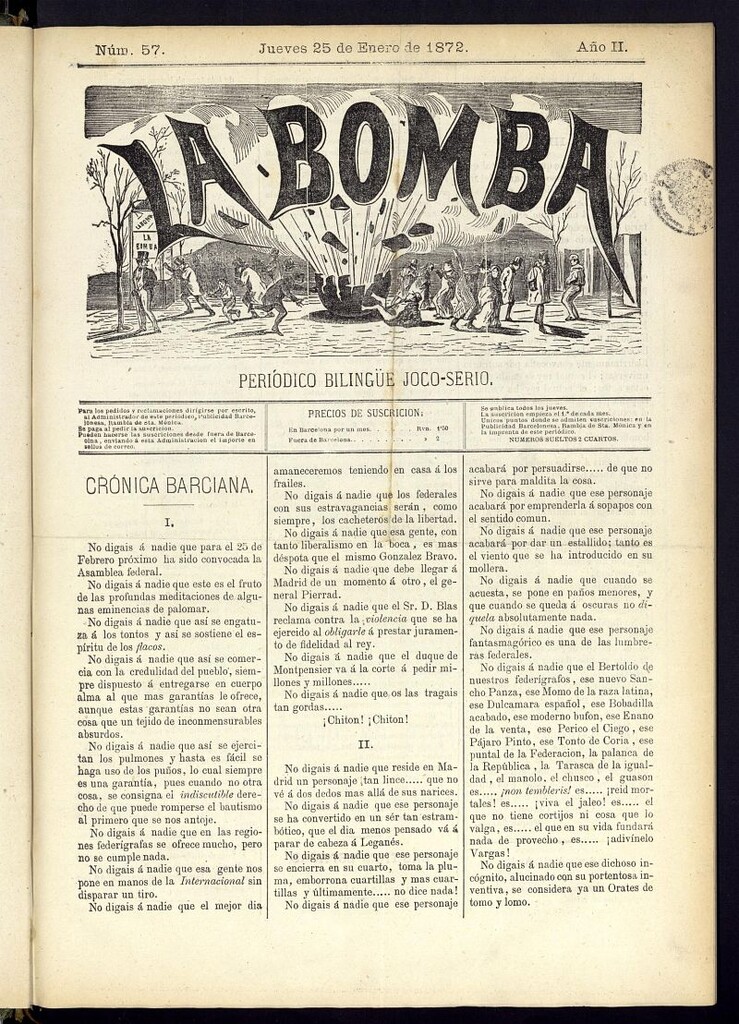 Miniatura de La Bomba: periódico bilingüe joco-serio del jueves 25 de enero de 1872, nº 57