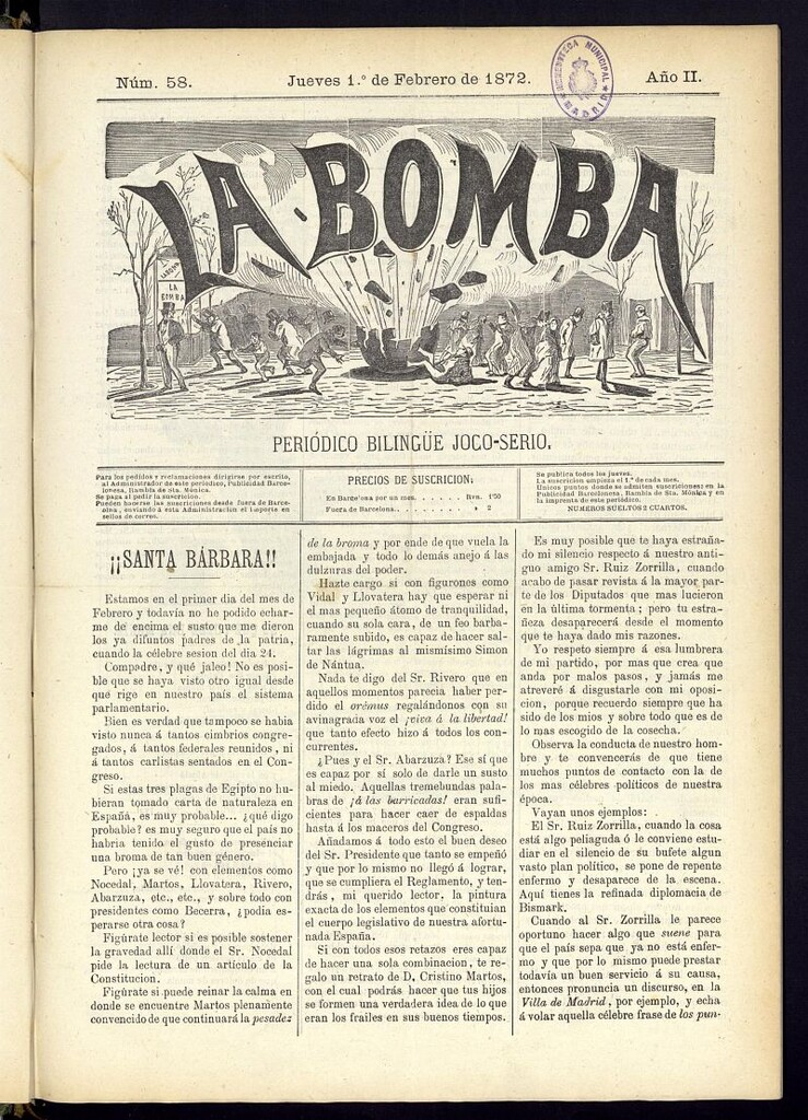 Miniatura de La Bomba: periódico bilingüe joco-serio del jueves 1 de febrero de 1872, nº 58