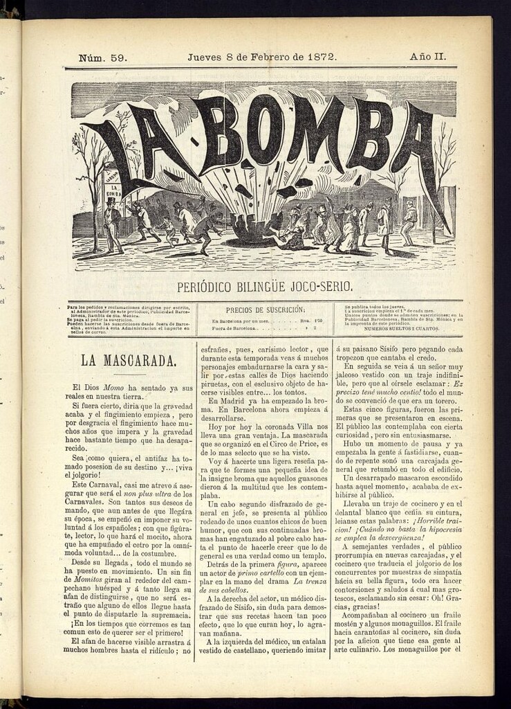 Miniatura de La Bomba: periódico bilingüe joco-serio del jueves 8 de febrero de 1872, nº 59