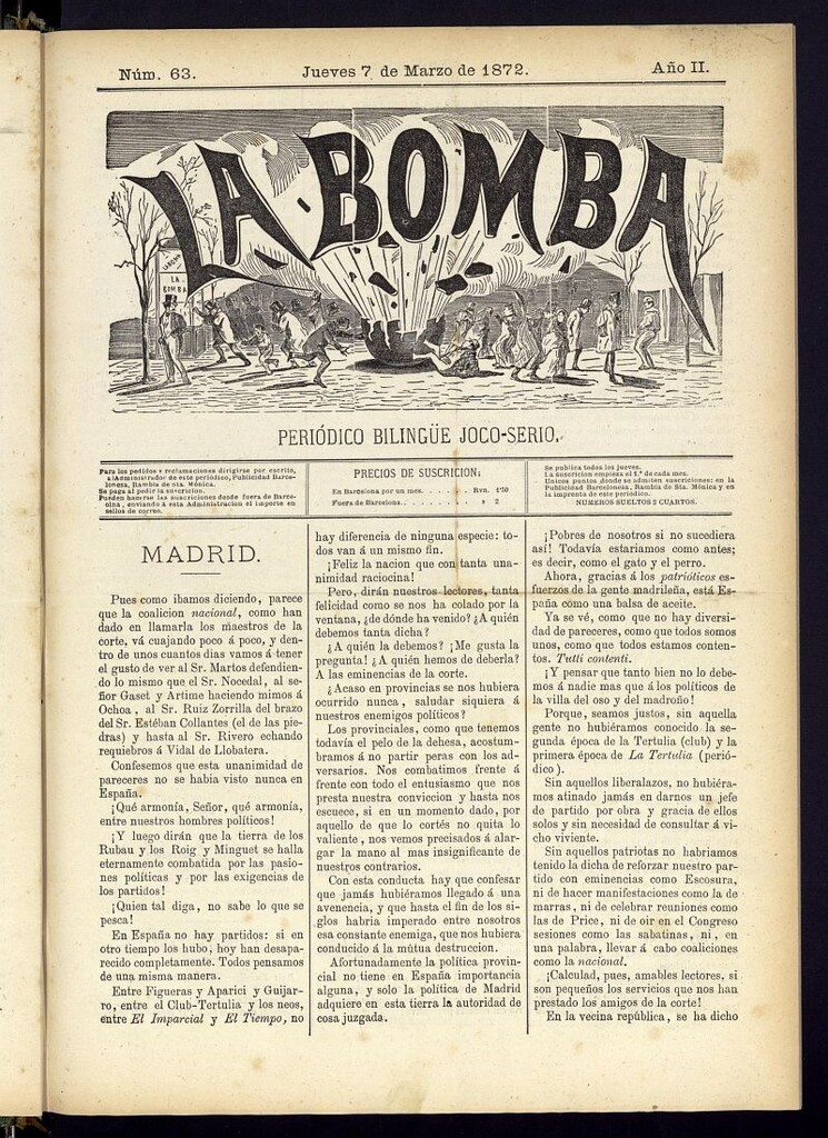 Miniatura de La Bomba: periódico bilingüe joco-serio del jueves 7 de marzo de 1872, nº 63
