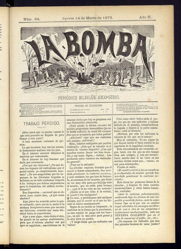 Miniatura de La Bomba: periódico bilingüe joco-serio del jueves 14 de marzo de 1872, nº 64