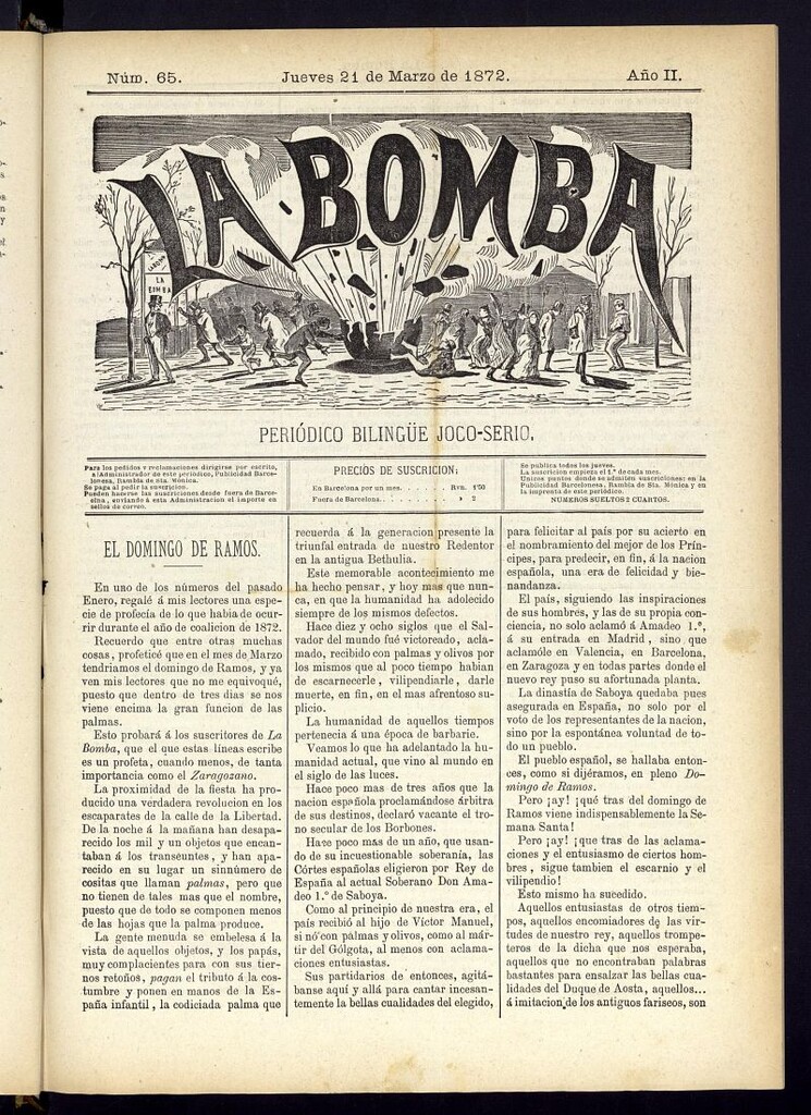 Miniatura de La Bomba: periódico bilingüe joco-serio del jueves 21 de marzo de 1872, nº 65