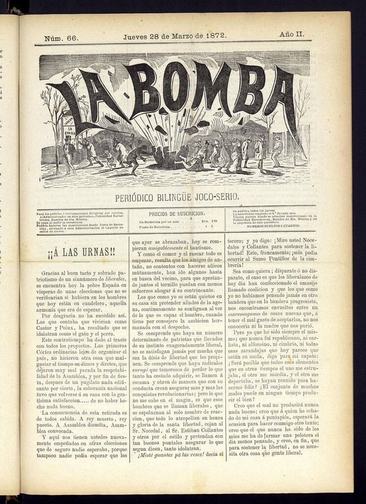 Miniatura de La Bomba: periódico bilingüe joco-serio del jueves 28 de marzo 1872, nº 66