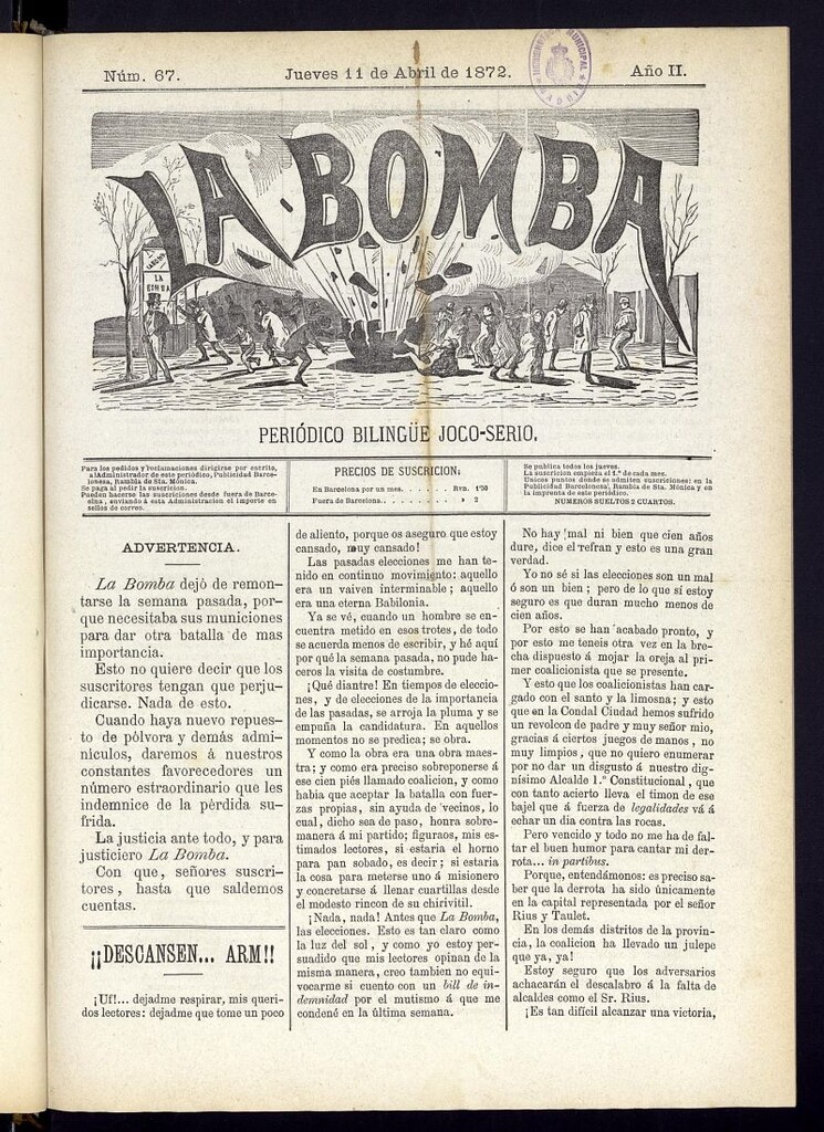 Miniatura de La Bomba: periódico bilingüe joco-serio del jueves 11 de abril de 1872, nº 67