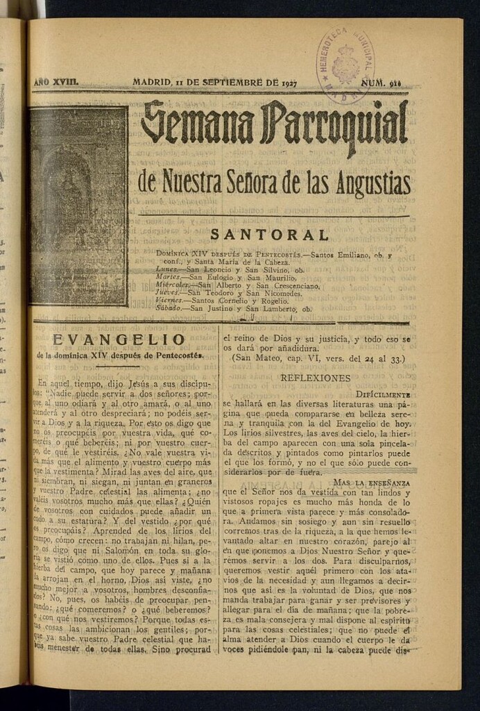 Miniatura de Semana Parroquial de Nuestra Señora de las Angustias del 11 de septiembre de 1927