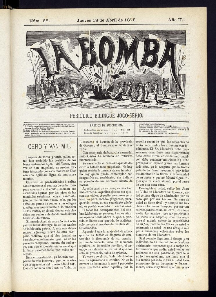 Miniatura de La Bomba: periódico bilingüe joco-serio del jueves 18 de abril de 1872, nº 68