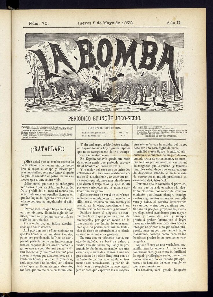 Miniatura de La Bomba: periódico bilingüe joco-serio del jueves 2 de mayo de 1872, nº 70