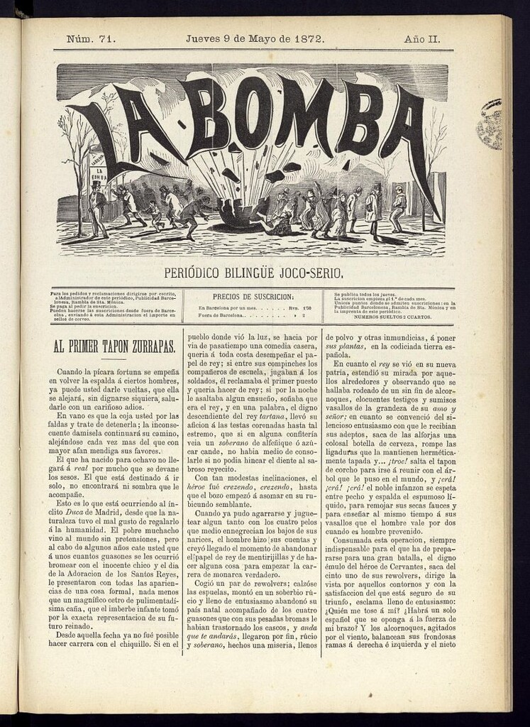 Miniatura de La Bomba: periódico bilingüe joco-serio del jueves 9 de mayo de 1872, nº 71