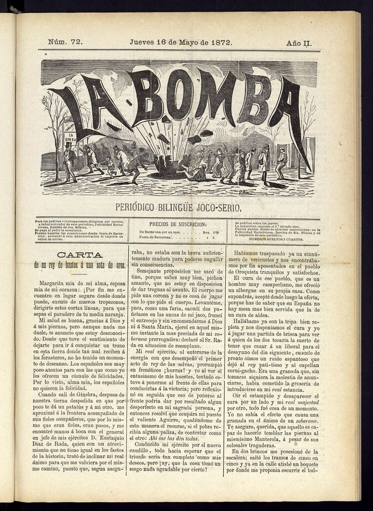 Miniatura de La Bomba: periódico bilingüe joco-serio del jueves 16 de mayo de 1872, nº 72