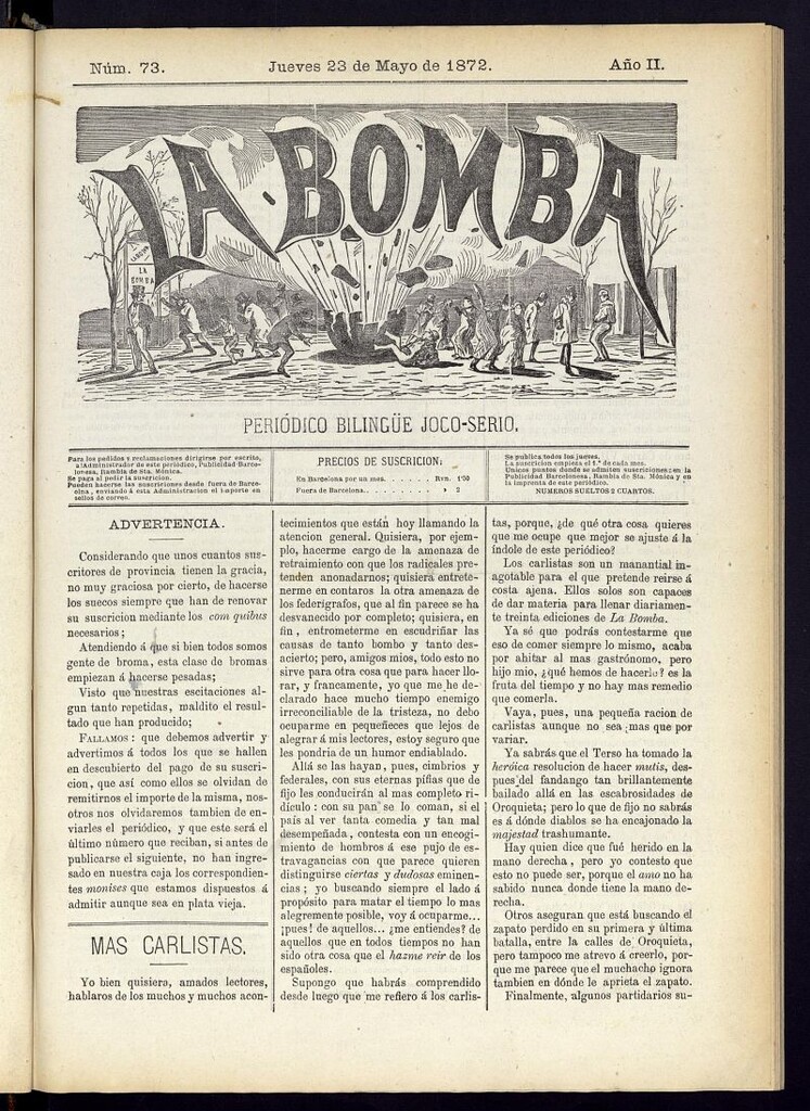 Miniatura de La Bomba: periódico bilingüe joco-serio del jueves 23 de mayo de 1872, nº 73