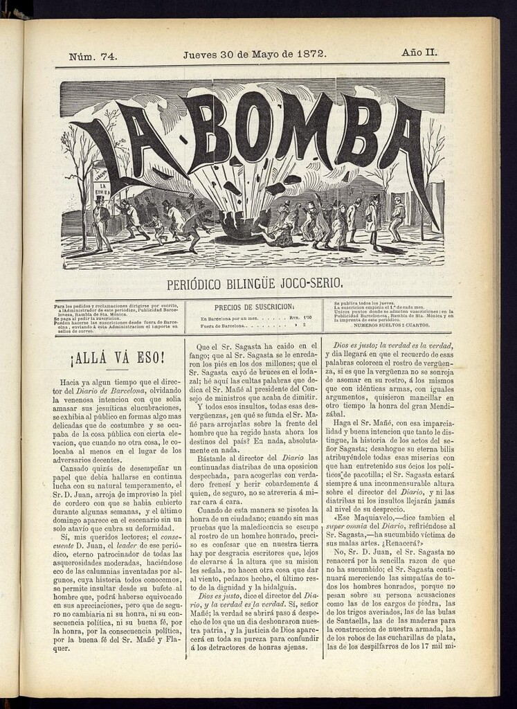 Miniatura de La Bomba: periódico bilingüe joco-serio del jueves 30 de mayo de 1872, nº 74