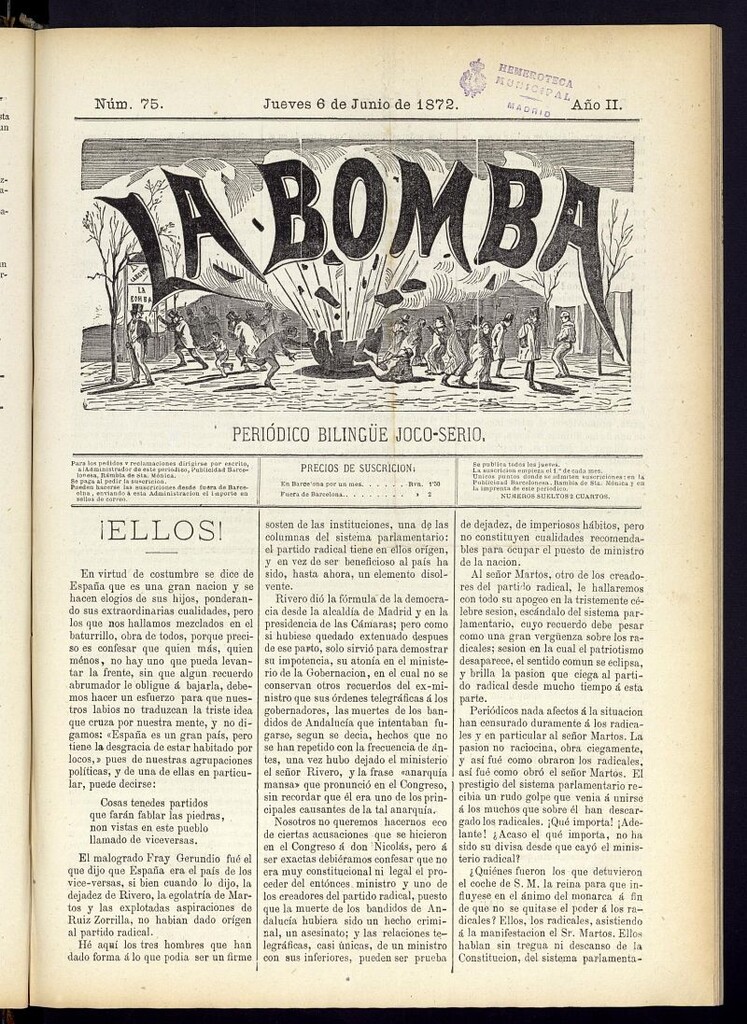 Miniatura de La Bomba: periódico bilingüe joco-serio del jueves 6 de junio de 1872, nº 75