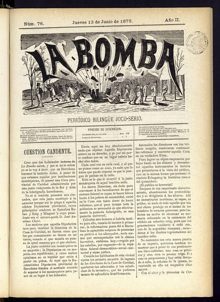 Miniatura de La Bomba: periódico bilingüe joco-serio del jueves 13 de junio de 1872, nº 76