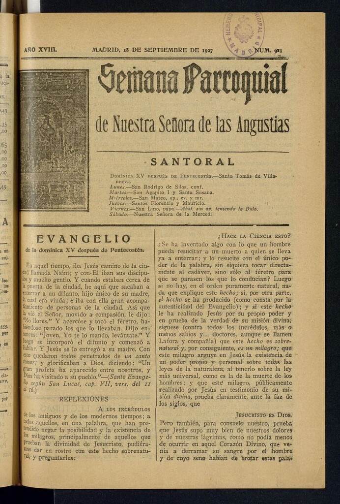 Miniatura de Semana Parroquial de Nuestra Señora de las Angustias del 18 de septiembre de 1927