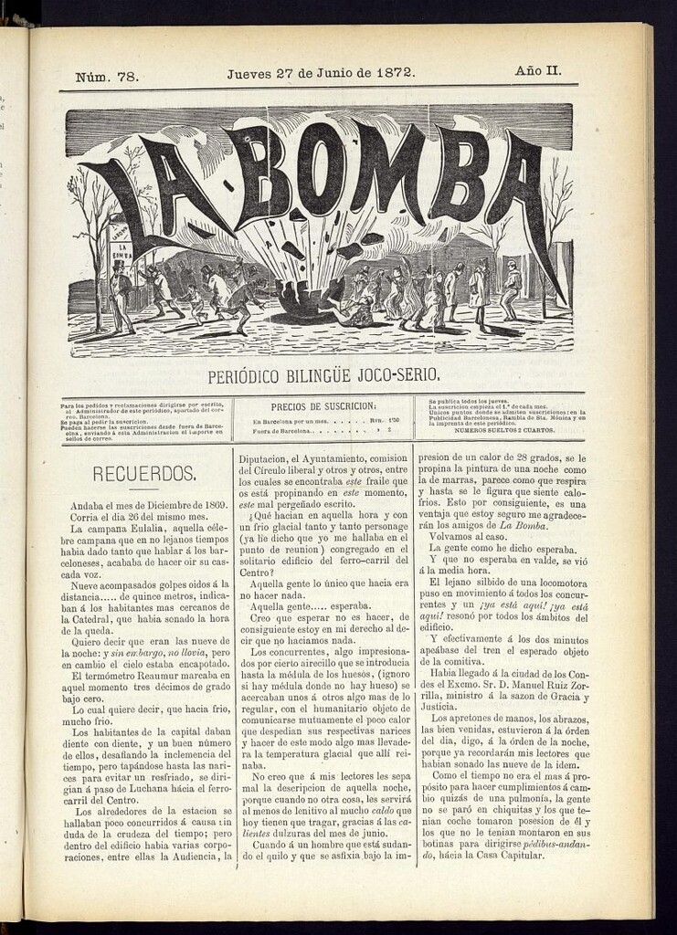 Miniatura de La Bomba: periódico bilingüe joco-serio del jueves 27 de junio de 1872, nº 78