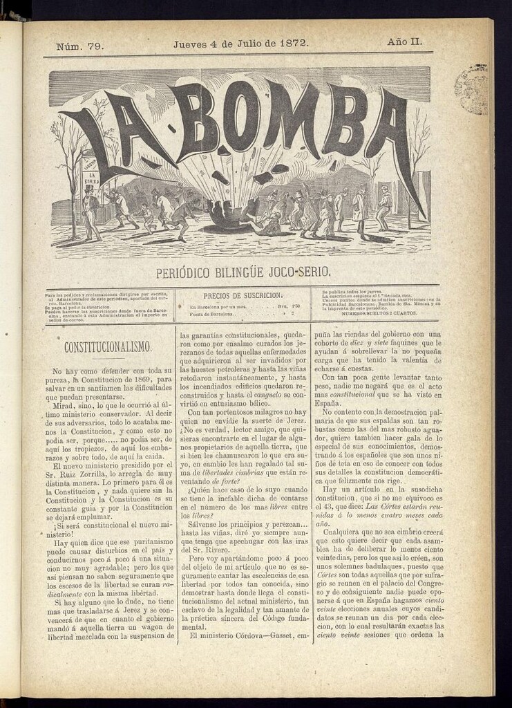 Miniatura de La Bomba: periódico bilingüe joco-serio del jueves 4 de julio de 1872, nº 79