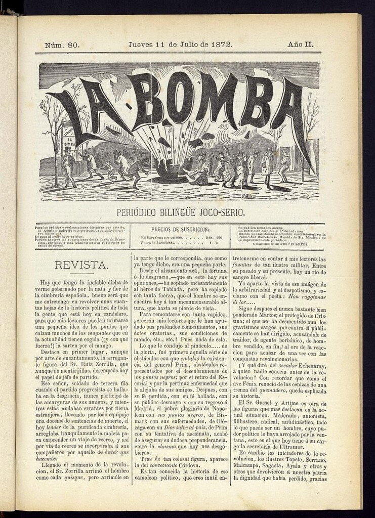 Miniatura de La Bomba: periódico bilingüe joco-serio del jueves 11 de julio de 1872, nº 80