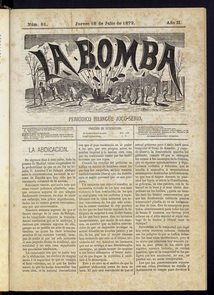 Miniatura de La Bomba: periódico bilingüe joco-serio del jueves 18 de julio de 1872, nº 81