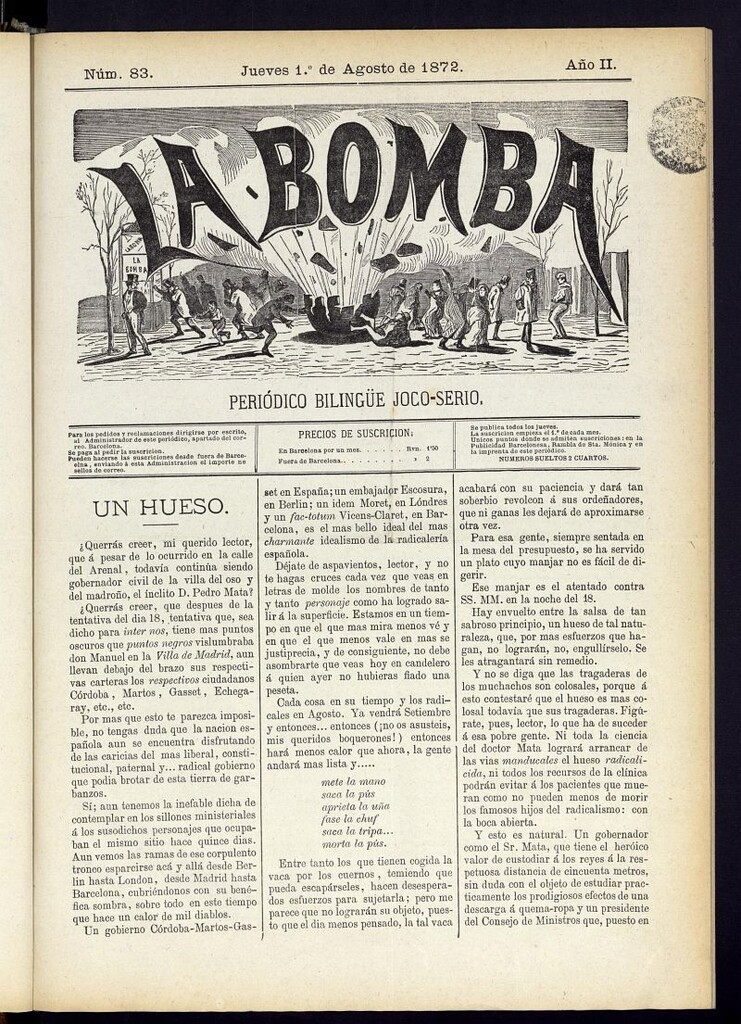 Miniatura de La Bomba: periódico bilingüe joco-serio del jueves 1 de agosto de 1872, nº 83