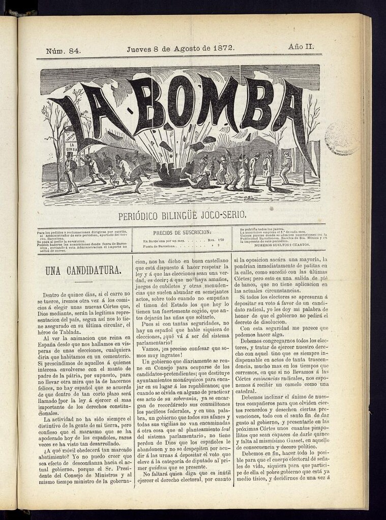 Miniatura de La Bomba: periódico bilingüe joco-serio del jueves 8 de agosto de 1872, nº 84