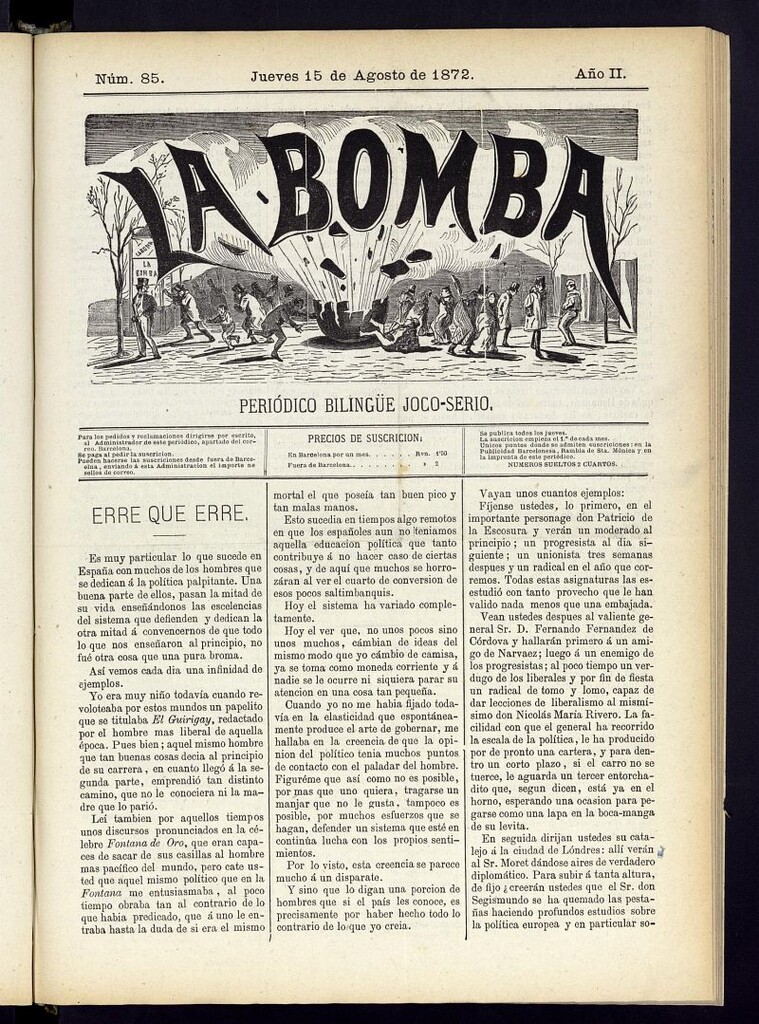 Miniatura de La Bomba: periódico bilingüe joco-serio del jueves 15 de agosto de 1872, nº 85