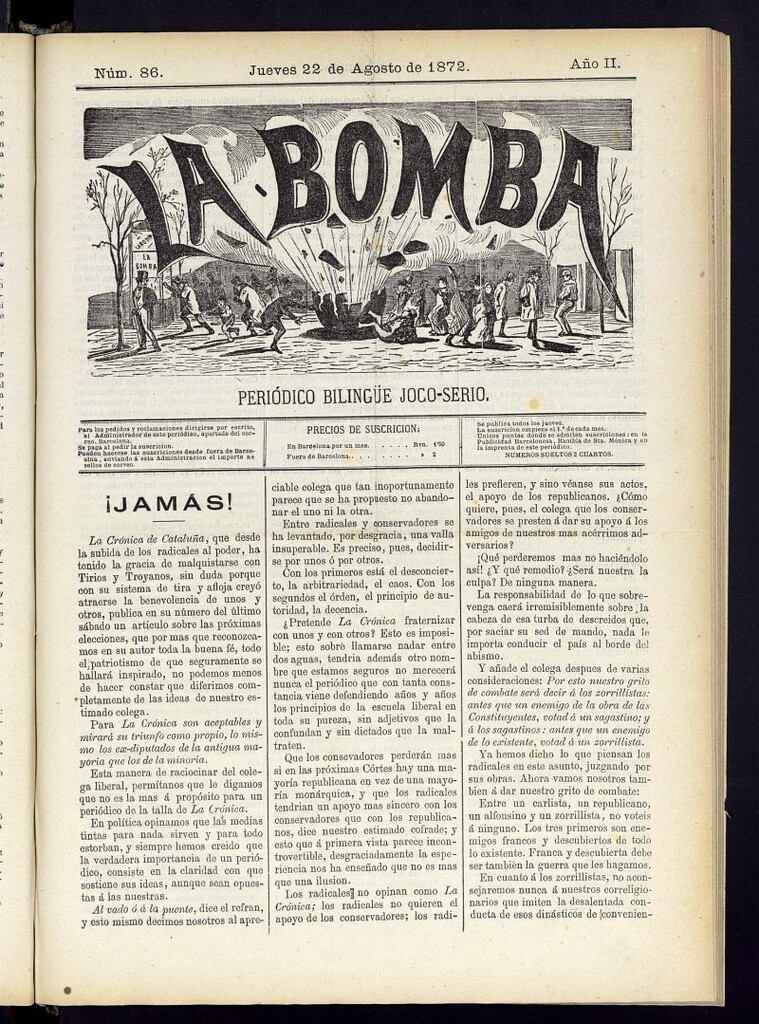 Miniatura de La Bomba: periódico bilingüe joco-serio del jueves 22 de agosto de 1872, nº 86