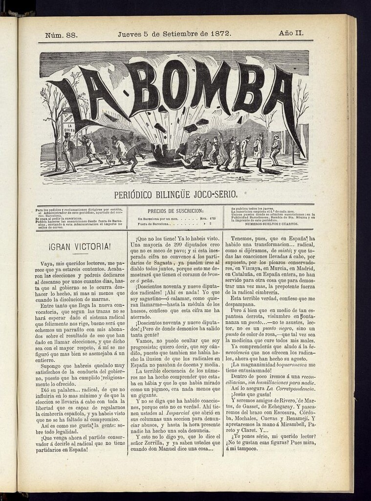 Miniatura de La Bomba: periódico bilingüe joco-serio del jueves 5 de septiembre de 1872, nº 88