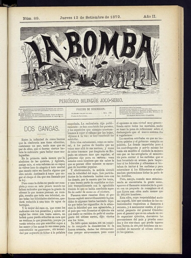 Miniatura de La Bomba: periódico bilingüe joco-serio del jueves 12 de septiembre de 1872, nº 89