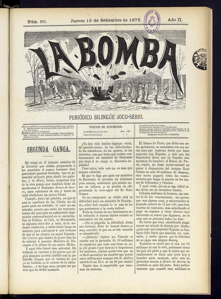 Miniatura de La Bomba: periódico bilingüe joco-serio del jueves 19 de septiembre de 1872, nº 90