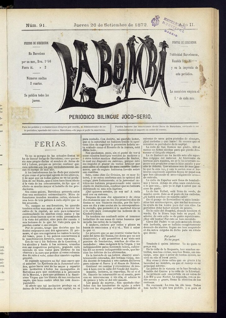 Miniatura de La Bomba: periódico bilingüe joco-serio del jueves 26 de septiembre de 1872, nº 91