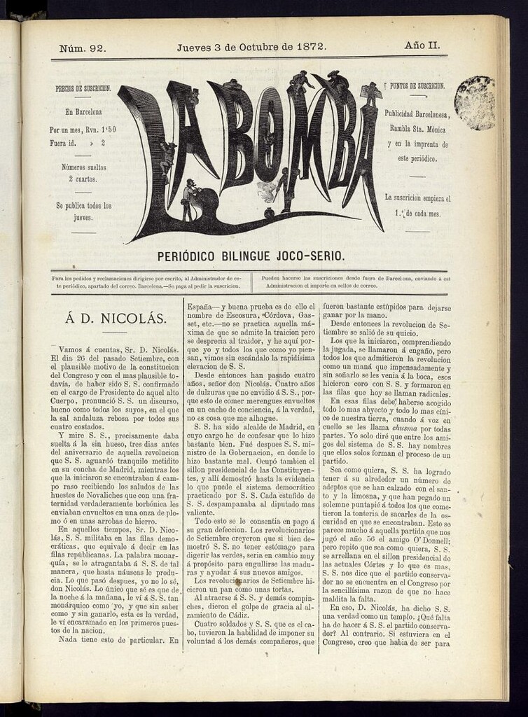 Miniatura de La Bomba: periódico bilingüe joco-serio del jueves 3 de octubre de 1872, nº 92
