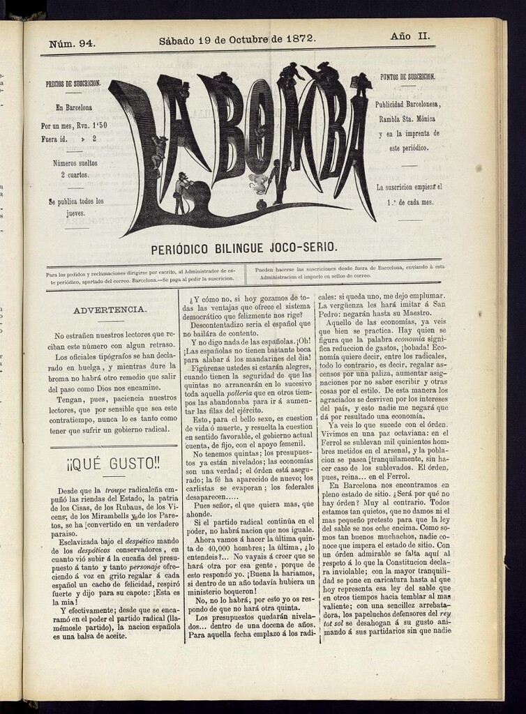 Miniatura de La Bomba: periódico bilingüe joco-serio del sábado 19 de octubre de 1872, nº 94