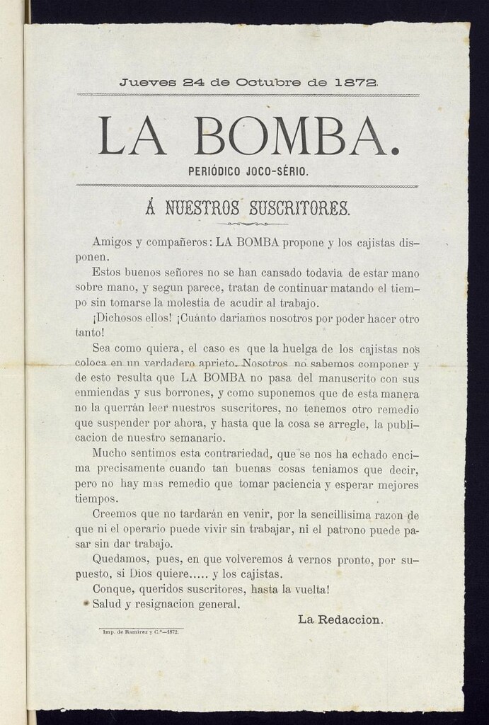 Miniatura de La Bomba: periódico bilingüe joco-serio, jueves 24 de octubre de 1872. Aviso a los lectores.