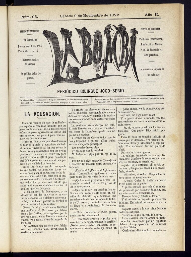 Miniatura de La Bomba: periódico bilingüe joco-serio del sábado 9 de noviembre de 1872, nº 96