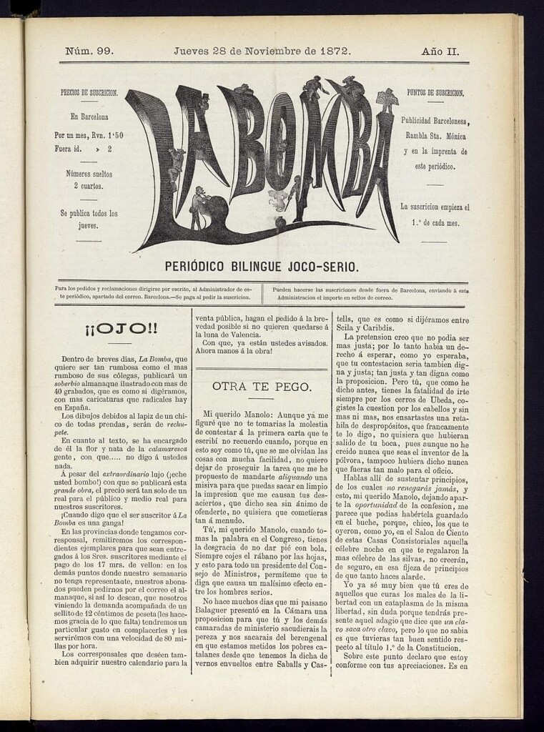 Miniatura de La Bomba: periódico bilingüe joco-serio del jueves 28 de noviembre de 1872, nº 99