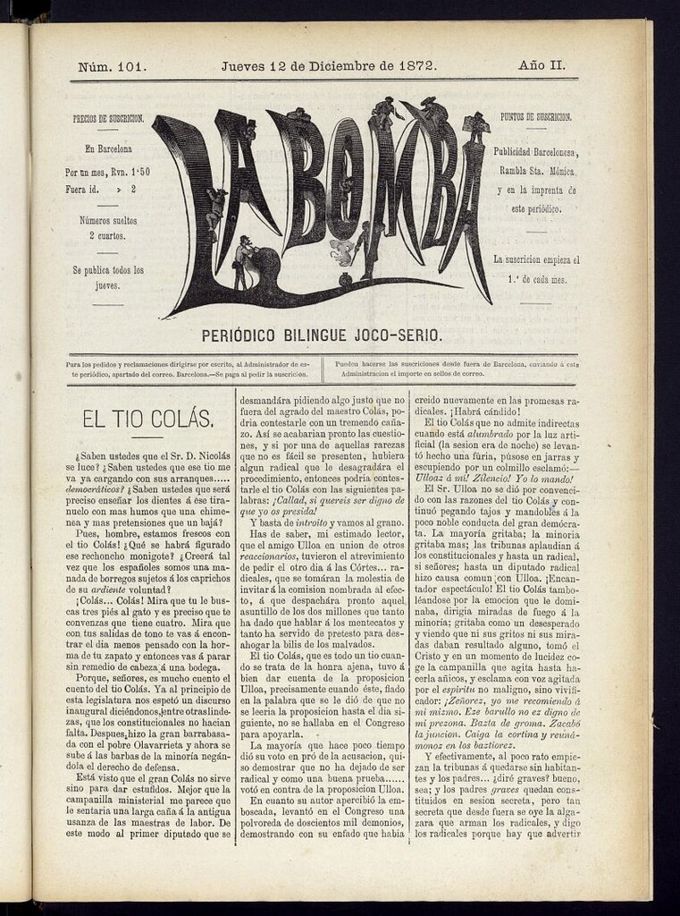 Miniatura de La Bomba: periódico bilingüe joco-serio del jueves 12 de diciembre de 1872, nº 101