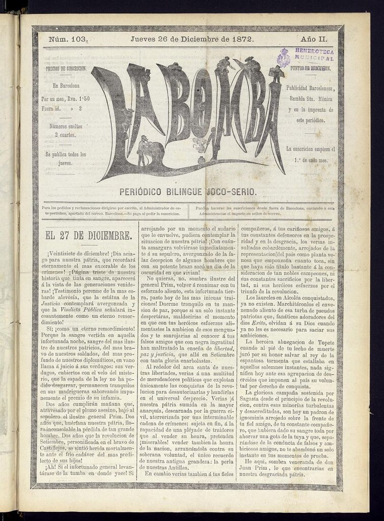 Miniatura de La Bomba: periódico bilingüe joco-serio del jueves 26 de diciembre de 1872, nº 103