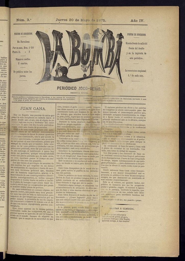 Miniatura de La Bomba: periódico bilingüe joco-serio del jueves 20 de mayo de 1875, nº 3