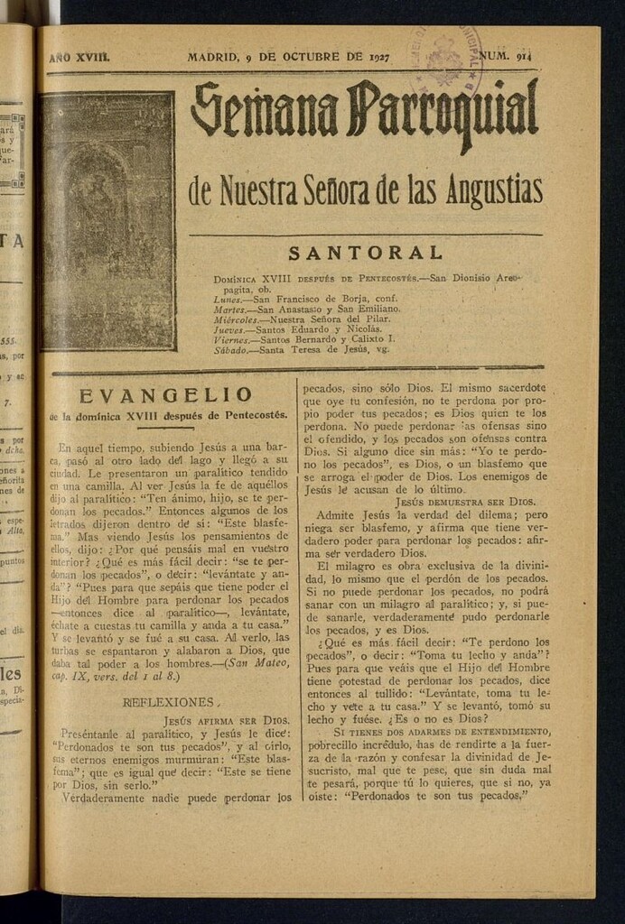 Miniatura de Semana Parroquial de Nuestra Señora de las Angustias de 9 de octubre de 1927