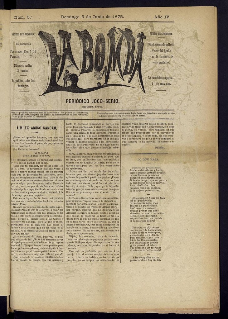 Miniatura de La Bomba: periódico bilingüe joco-serio del domingo 6 de junio de 1875, nº 5