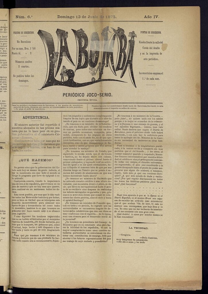 Miniatura de La Bomba: periódico bilingüe joco-serio del domingo 13 de junio de 1875, nº 6