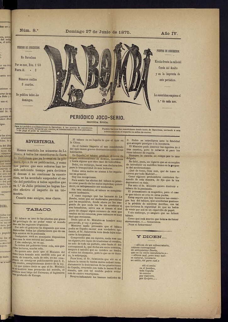 Miniatura de La Bomba: periódico bilingüe joco-serio del domingo 27 de junio de 1875, nº 8