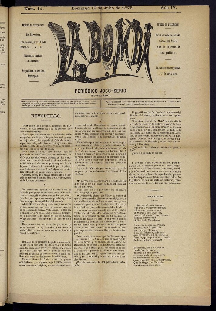 Miniatura de La Bomba: periódico bilingüe joco-serio del domingo 18 de julio de 1875, nº 11