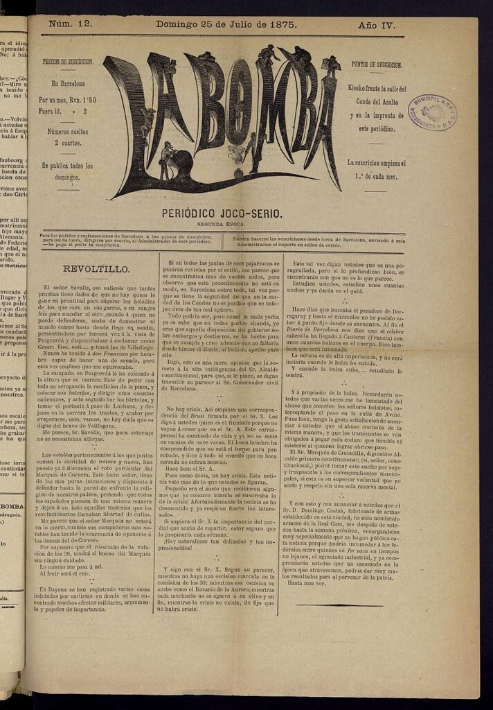 Miniatura de La Bomba: periódico bilingüe joco-serio del domingo 25 de julio de 1875, nº 12