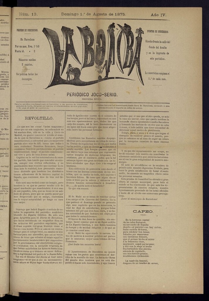 Miniatura de La Bomba: periódico bilingüe joco-serio del domingo 1 de agosto de 1875, nº 13