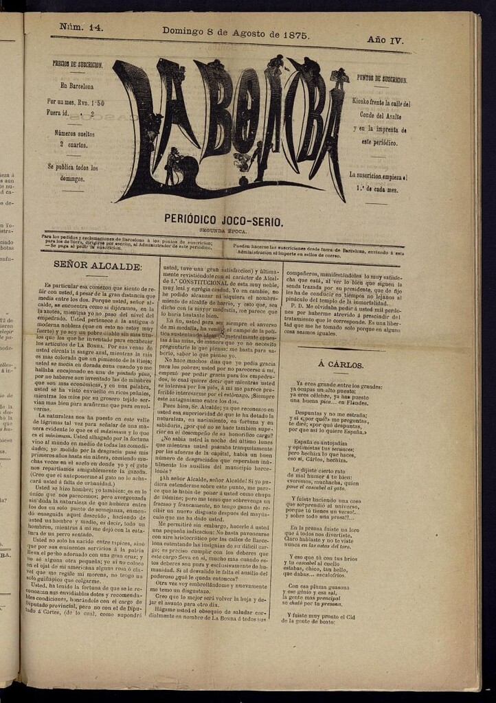 Miniatura de La Bomba: periódico bilingüe joco-serio del domingo 8 de agosto de 1875, nº 14