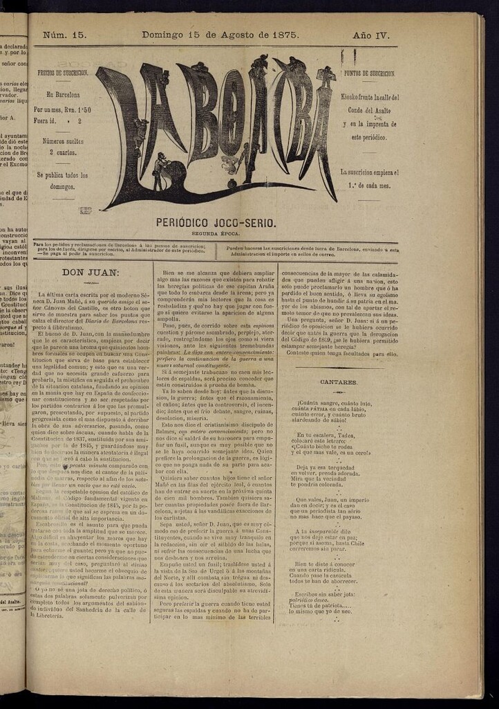 Miniatura de La Bomba: periódico bilingüe joco-serio del domingo 15 de agosto de 1875, nº 15