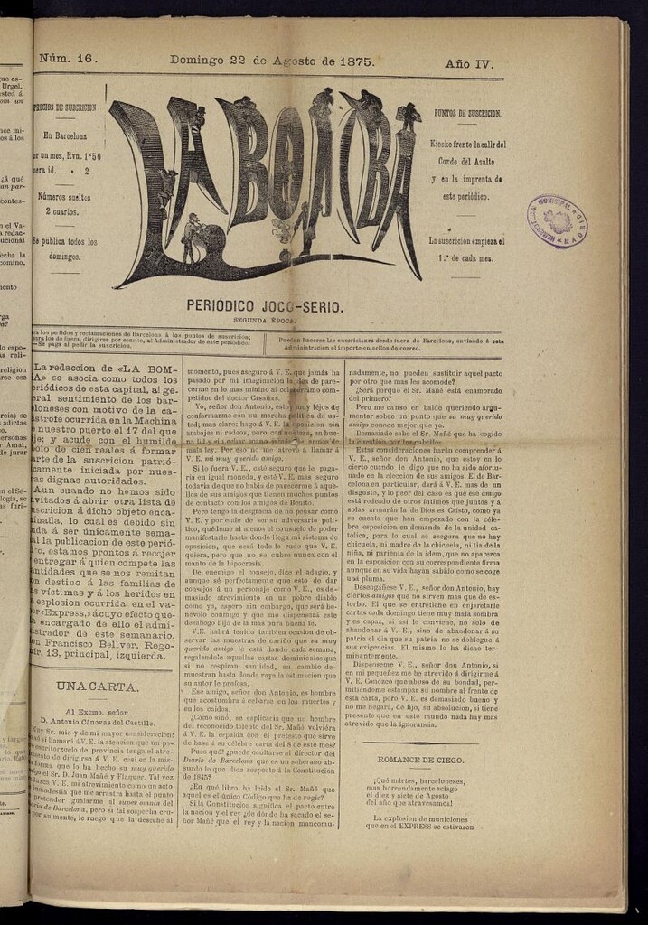 Miniatura de La Bomba: periódico bilingüe joco-serio del domingo 22 de agosto de 1875, nº 16