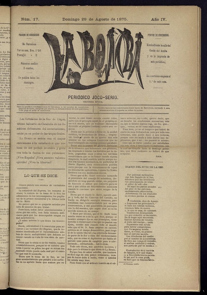 Miniatura de La Bomba: periódico bilingüe joco-serio del domingo 29 de agosto de 1875, nº 17