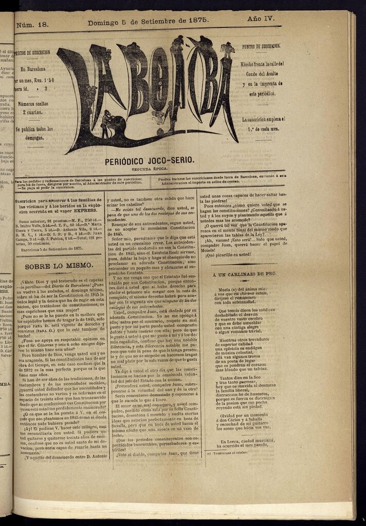 Miniatura de La Bomba: periódico bilingüe joco-serio del domingo 5 de septiembre de 1875, nº 18